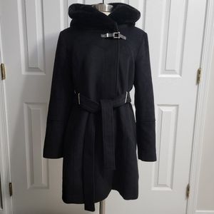 Cole Haan Signature Faux Fur Trim Wool Blend Asymmetrical Zip Front Coat